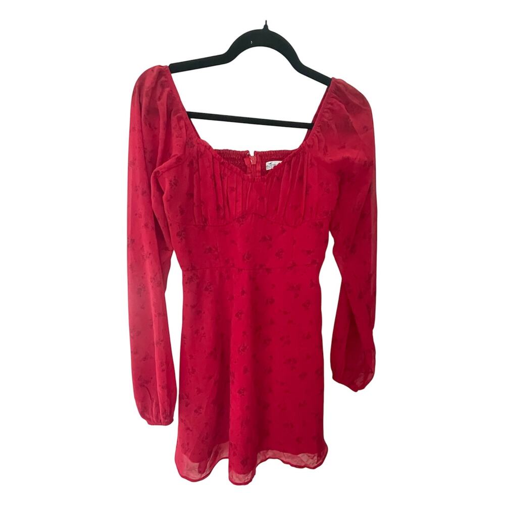 Hollister Red Flocked Chiffon Ruched Sweetheart Mini Dress - XS - Picture 2 of 5